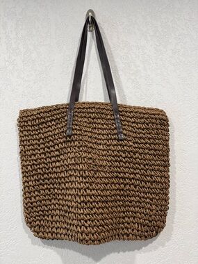 Woven Straw Tote Bag with Dark Brown Leather Straps